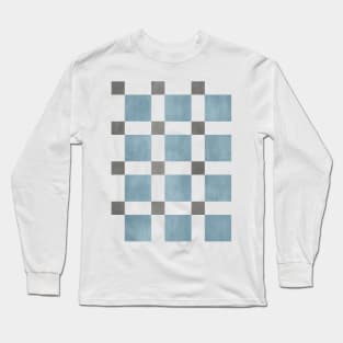 Chequer Pattern Blue Dark Grey Long Sleeve T-Shirt